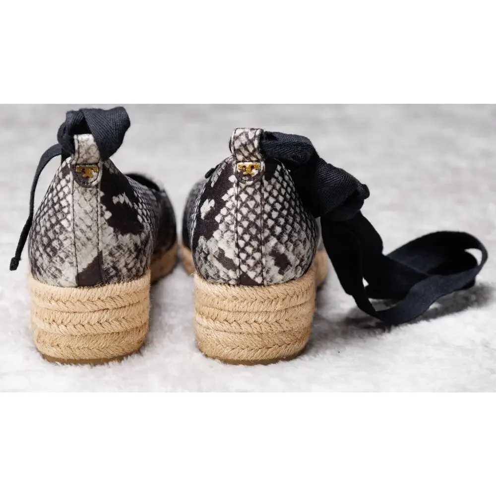 Tory Burch Heather Black Snakeprint Ankle Wrap Satin Wedges Espadrilles Womens 7